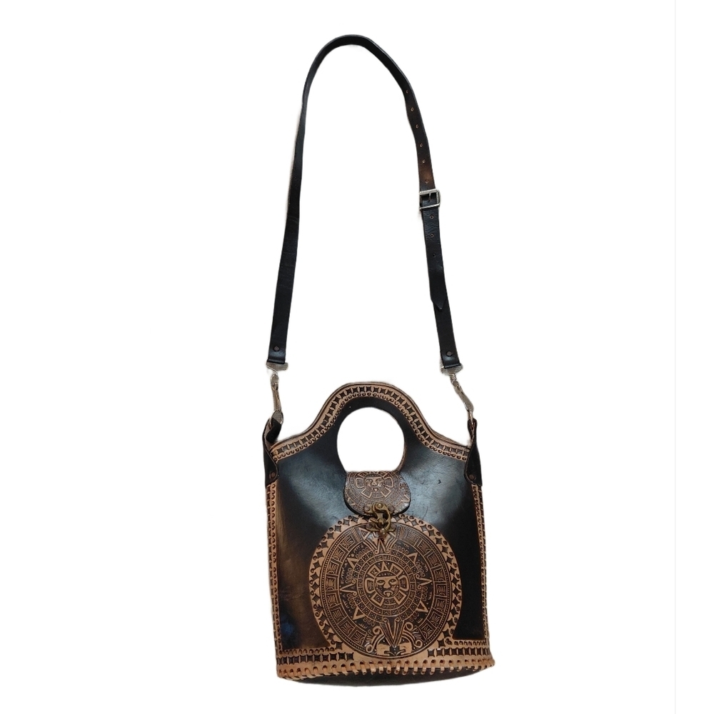 Hand Tooled Aztec Calendar Black and Tan Crossbody Hand Bag - Picture 7 of 8